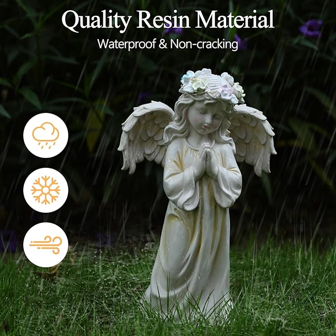 Angel Garden Statue,Memory Guardian Solar Garden Decor with Warm Light,Waterproof Outdoor Garden Decor Praying Angel Figurine Sculpture for Lawn Yard Patio,Sympathy Present,White