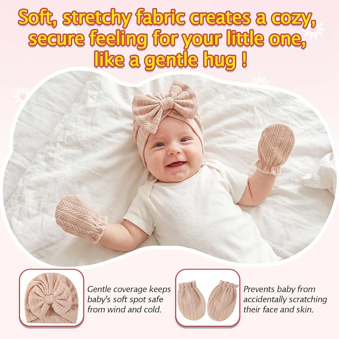 8 Sets Newborn Baby Girl Hats & Mittens, Cotton Preemie Hospital Bow Cap, No Scratch Gloves,Infant Beanies 0-3 Months