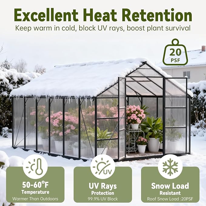 10X12 FT Greenhouse for Outdoors, Polycarbonate Walk in Green House for Outside, Reinforced Aluminum Frame Greenhouses, Heavy Duty Garden, Patio, Backyard Flower Planting