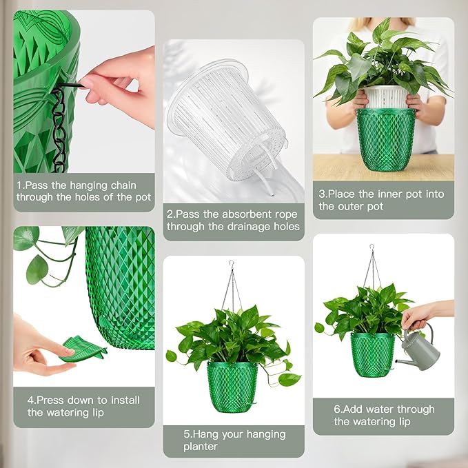 QCQHDU Self Watering Hanging Pots, 2 Pack 5.7 Inch Hanging Planters for Plants Indoor, Flower Pots with Drainage Holes and 3 Hooks Chains for Garden Home (Emerald)