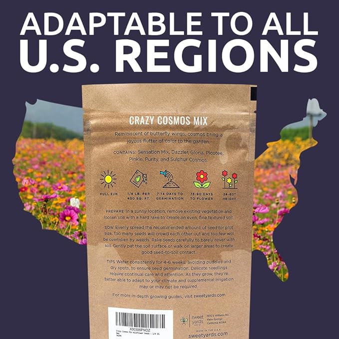 Cosmos Seeds Wildflower Mixture - Bulk Quarter Pound Bag - Over 20,000 Seeds - Pink, Yellow, Orange, Red, Purple and White Mixed Species!
