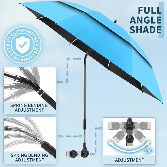 48.6" Double Canopy Beach Umbrella with Clamp, UPF50+ Beach Chair Umbrella with clip, 360°Adjustable Portable Outdoor Wheelchair, Patio, Golf Carts,Camping(Sky/Blue)