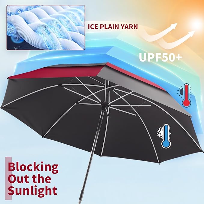 2 Pack 48.6" Double Canopy Beach Umbrella with Clamp, UPF50+ Beach Chair Umbrella with clip, 360°Adjustable Portable Outdoor(Wine Red/Grey, Not Include Chair)
