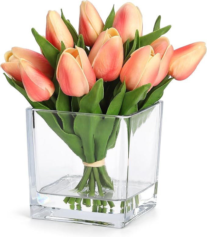 GarveeLife 12 Pcs Artificial Tulips Flowers, Real Touch Faux Tulip Stems for Vase, Home Kitchen Wedding Dining Table Decorations, Ideal Gift for Mother's Day, Easter, Valentine's Day (Orange)
