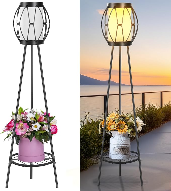 Outdoor Solar Lights with Plant Stands, Outdoor Floor Lamps for Yard Deck Patio Porch Walkway Driveway Garden Decor