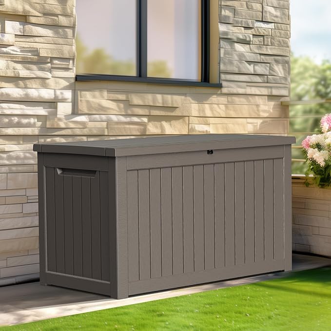 PatioZen 280 Gallon Resin Deck Box, Lockable Patio Outdoor Storage Box for Furniture, Garden Tools and Tools Storage, Waterproof Outside Storage Boxes - Grey
