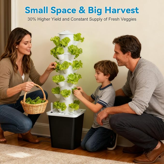 JESLED Hydroponic Tower with Tent, Hydroponics Growing System with 5000K Full-Spectrum Grow Lights, Dual Timers for Auto Watering & Lighting, Grows 30 Herbs & Vegetables, 10L Water Tank, High 37"