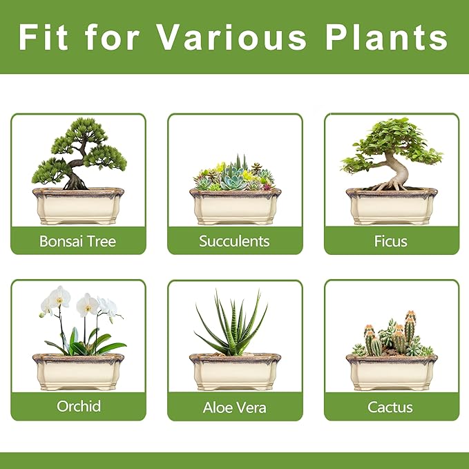 13.7 Inch Bonsai Planter - Ceramic Bonsai Tree Pots for Indoor Outdoor Plants, Succulent Pots with Drainage Hole, Large Plant Pot, Patio Decor, Gifts for Gardeners, Rectangular Beige-Brown