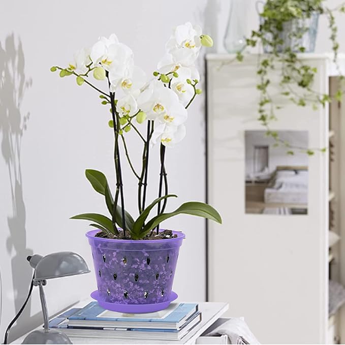 Orchid Pot, 6.7 Inch 8 Pack Orchid Pots with Holes and Saucers,Plastic Orchid Planter - Purple Amethyst