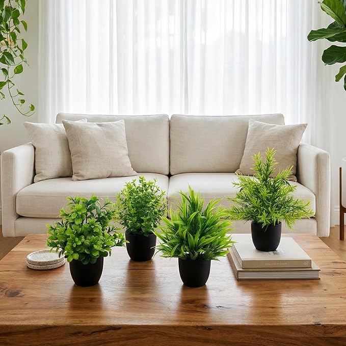 LOYWREE Faux Plants Indoor 4 Pack Small Fake Plants Mini Artificial Plants in Black Pots Potted Greenery for Home Office Table Desk Bathroom Shelf Counter Styling Farmhouse Decor