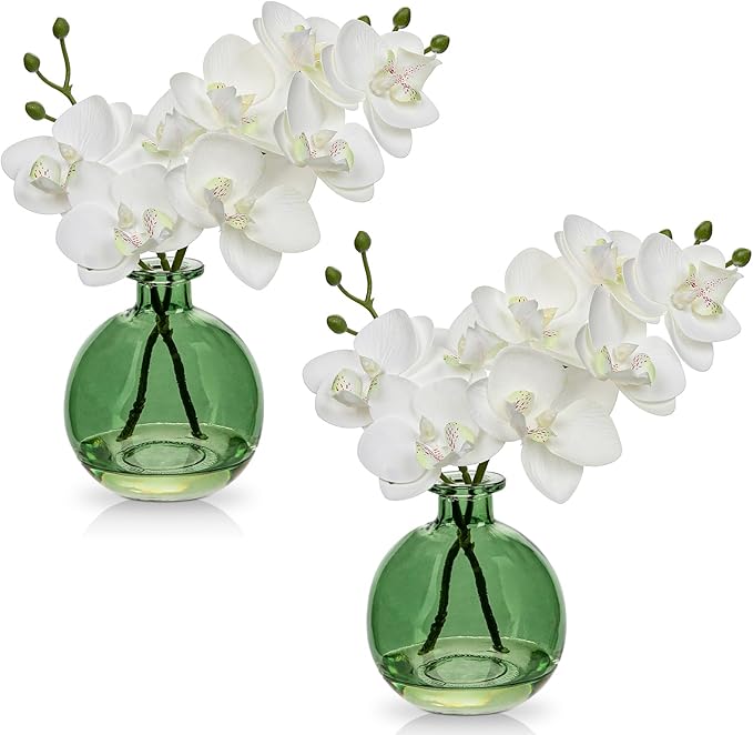 Oairse White Orchids Artificial Flowers Faux Orchid Arrangement with Light Green Glass Vase Set of 2 Real Touch Phalaenopsis Orchid Flowers Orchid Centerpiece for Dining Room Table