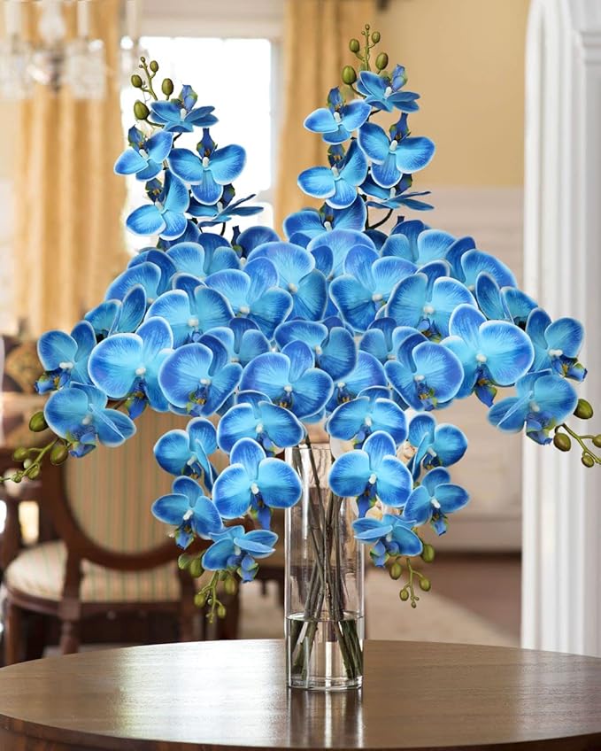 DILATATA 4 Pcs Fake Orchid Flowers 9 Large Heads of Real Touch Vivid Phalaenopsis Orchid Flower Stem 36'' Tall, Artificial Flowers Branches for Home Decor, Office House Deco-Blue Flowers