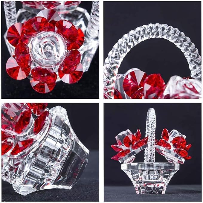 H&D HYALINE & DORA Crystal Red Rose Flower Basket Crystal Collectible Figurines Ornaments for Home Decor Table Centerpiece