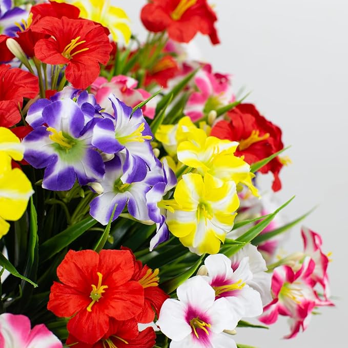 LikSoor Outdoors Artificial Flowers Spring Summer Decor Fake Petunias UV Resistant Flower Faux 12 Bundles Realistic Plastic Plant Porch Patio Window Box Garden Decoration (Mix Color)