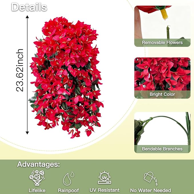 Artificial Flowers for Outdoors Fake Red Bougainvillea Hanging Flower Decoration, 2Pcs Realistic Faux Silk Plants Long Trailing Vines, Spring Decor for Porch Patio Balcony Planter Yard