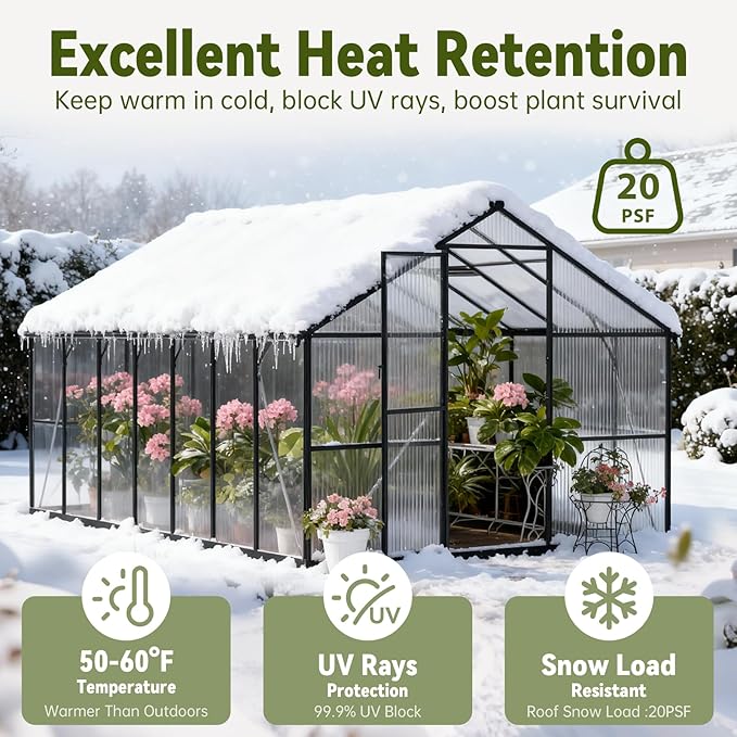 8x14 FT Greenhouses for Outdoors, Polycarbonate Greenhouse, Easy Assembly Aluminum Green Houses for Outside Heavy Duty, Snow-Resistant Walk in Winter Greenhouse for Garden Backyard