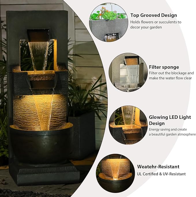 Bumilgar 39" H Modern Indoor Fountain with LED Lights and Pump, 3-Tier Standing Cascading Waterfall - Modern Design for Garden/Patio/Yard, Multi-Level Outdoor Decor 15“x14”x39“(Brown)
