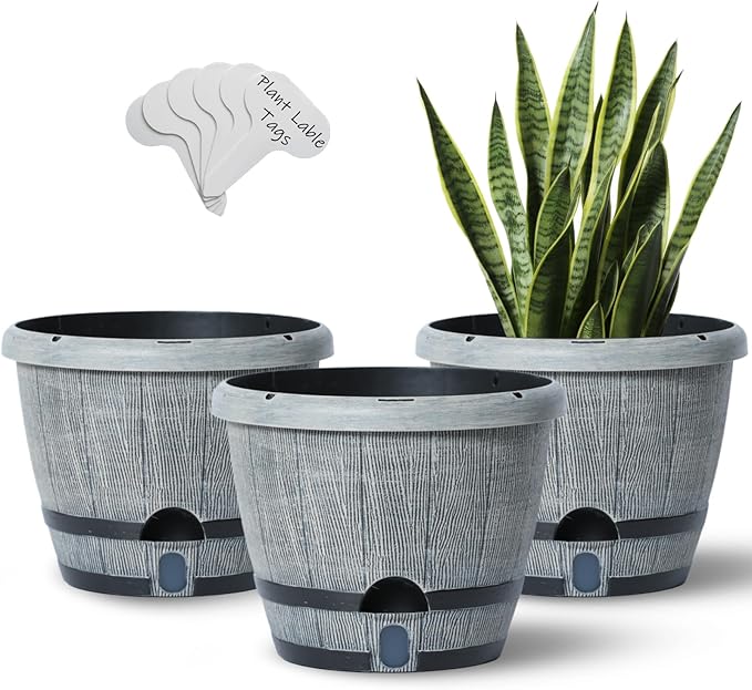 Sun-E Whiskey Barrel Self Watering Planters 10 Inch 3Pack with Water Level Window, Drainage Holes, Saucers & Plant Tags-Gray Imitation Wood Grain Pots for House Plants,Plants&Decor Not Included