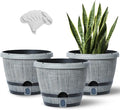 Sun-E Whiskey Barrel Self Watering Planters 10 Inch 3Pack with Water Level Window, Drainage Holes, Saucers & Plant Tags-Gray Imitation Wood Grain Pots for House Plants,Plants&Decor Not Included