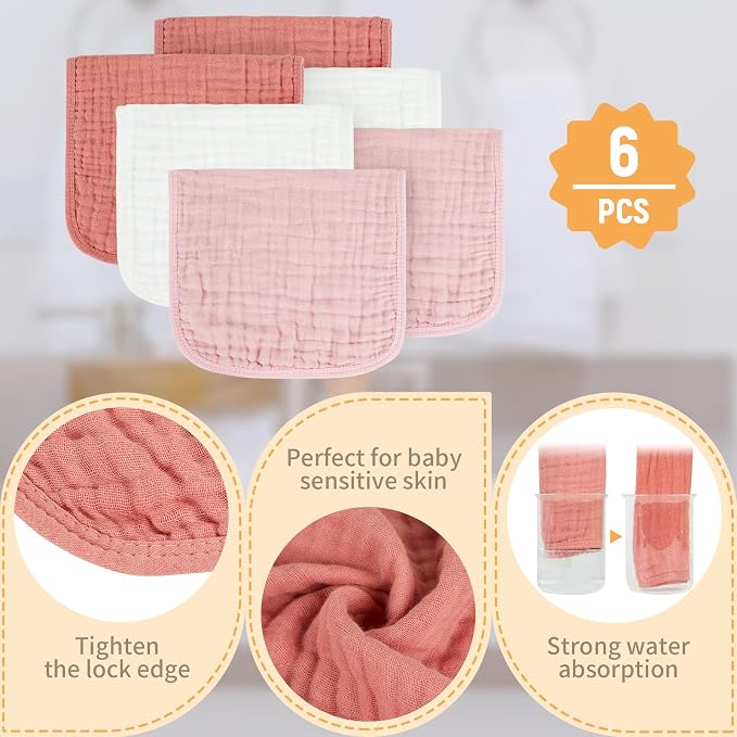 MIGIOL Baby Burp Cloths 100% Cotton Newborn Muslin Burp Cloths 10x20 inches Baby Essentials (6, White & Pink)