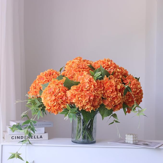 Buart 4PCS Long Stem Big Size Orange Flowers Artificial Silk Hydrangea Lifelike Flowers Real Touch Artificial Flowers Wedding Shower Bride Bouquets Office Living Room Table Decorations (21 Inch)