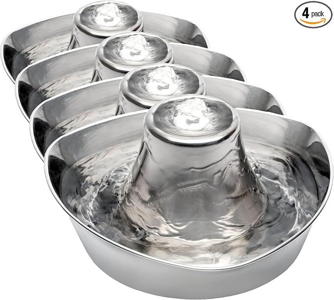 PetSafe Seaside Stainless Steel Cat & Dog Fountain, 60 Oz Water Capacity - 2 Water Filters & 1 Pump Included, Soothing Flow for Pets, Scratch-and Rust-Resistant Material - Quiet Motor (Pack of 4)