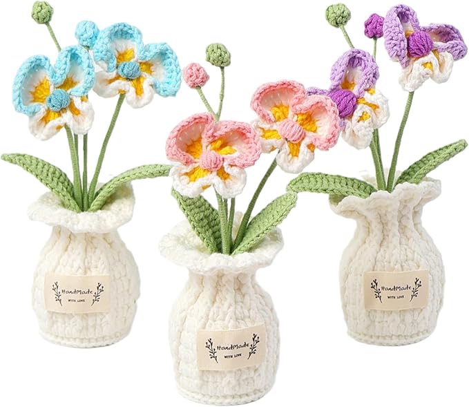 Crochet Moth Orchid Vase, Eternal Finished Hand Woven Artificial Mini Flowers Pot Decoration for Home Office Kitchen Living Room Table Bedroom Creative Women Girls Gift (Pink)
