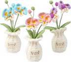 Crochet Moth Orchid Vase, Eternal Finished Hand Woven Artificial Mini Flowers Pot Decoration for Home Office Kitchen Living Room Table Bedroom Creative Women Girls Gift (Pink)