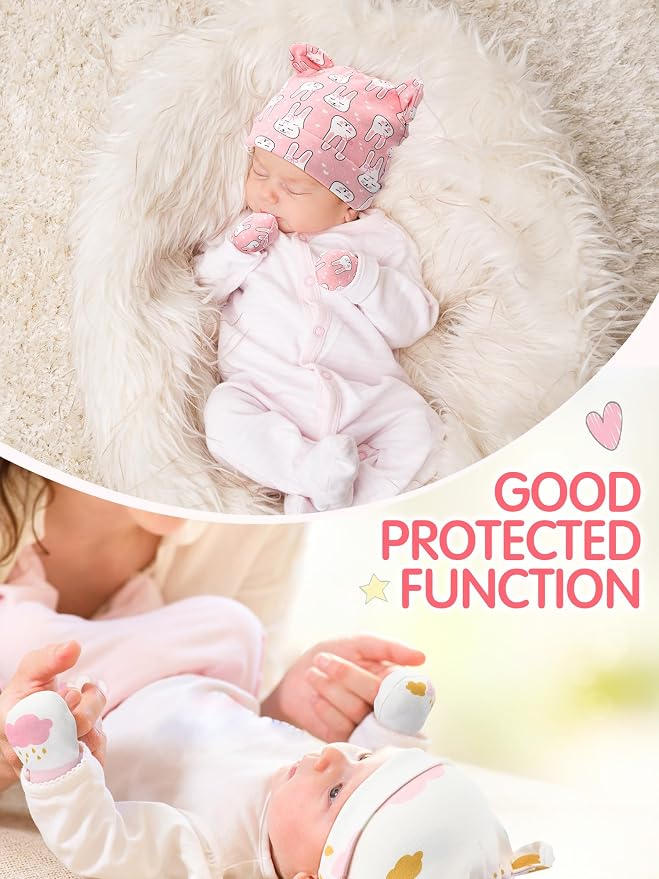 Geyoga 12 Pieces Newborn Hat Mittens Gloves Set Baby Boys Girls Cotton Baby Beanie for 0-12 Months