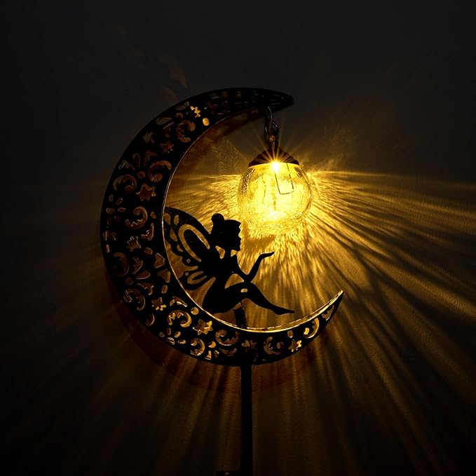 Solar Garden Lights Outdoor Decor,Moon Fairy Crackle Glass Lights,Waterproof Warm White LED Metal Stake Ornament,for Walkway Backyard Patio Lawn Pathway Decorations-Unique Gift Ideas for Gardening