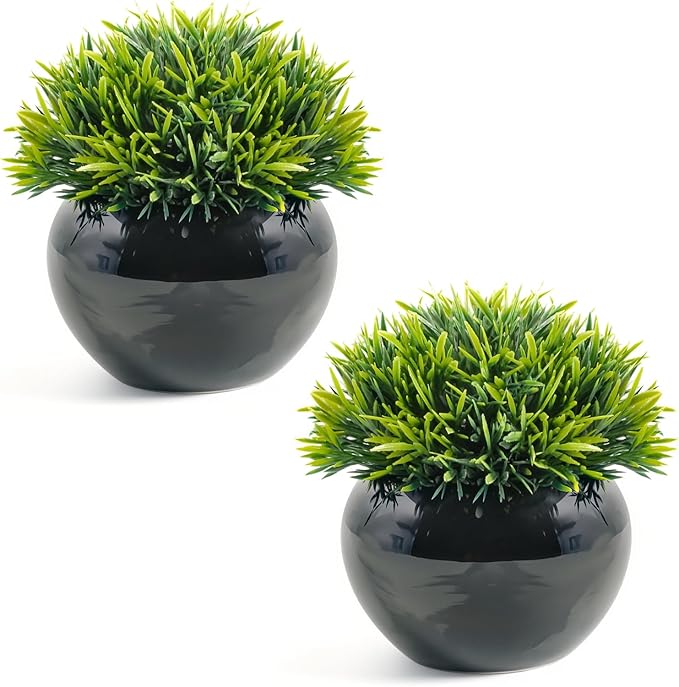 Velener Small Artificial Succulents Grass Desk Plant for Office, Fake Sage Plants for Shelf Decor, Mini Faux Plant Indoor, Masculine Home Decor, Coffee Table Decor, Bathroom Decor in Pot (2 Pack)