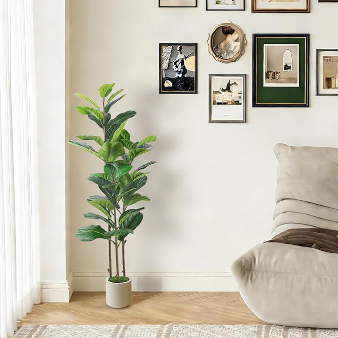 Alupssuc 4FT Artificial Fiddle Leaf Fig Tree with White Planter Pot, 4 feet Tall Fake Tree for Home Decor, Faux Ficus Tree Fake Moss for Indoor Outdoor Office Living Room
