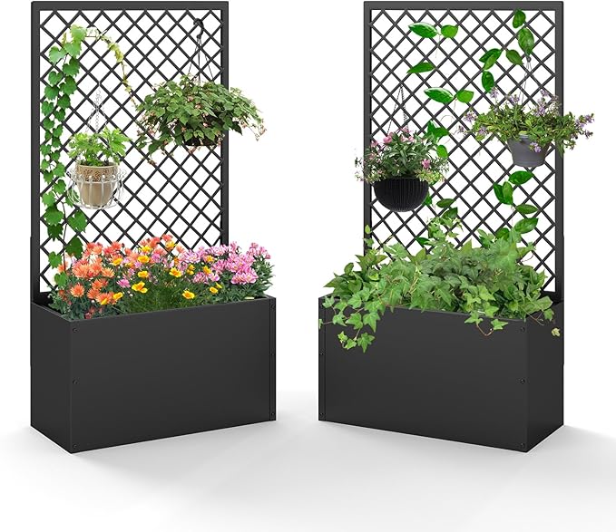 kinbor Planter with Trellis - Set of 2 Planter Boxes Outdoor, Metal Raised Garden Bed with Lattice Trellis for Climbing Plants, Black Flower Boxes Outdoor