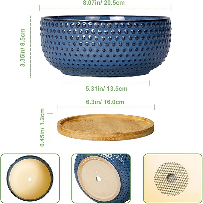 Bonsai Pots - 8 Inch Ceramic Pots for Succulent Plants & Bonsai Tree, Planter with Drainage Hole and Saucer, Modern Round Decorative Flower Planters, House Decor, Gifts for Women Man, Blue