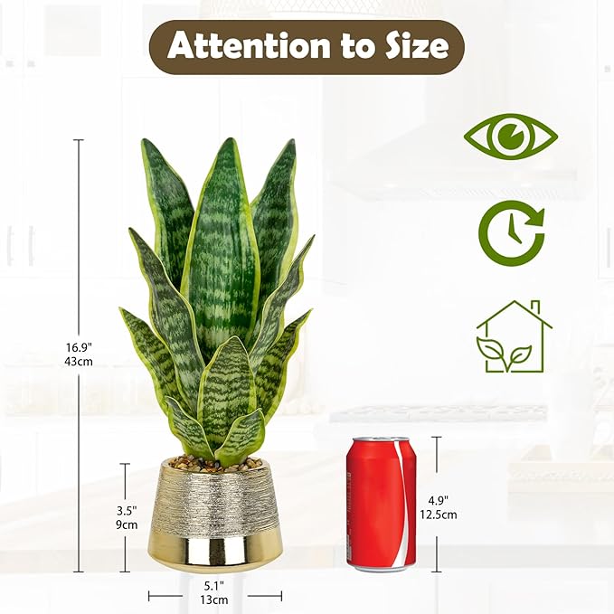 Oairse Artificial Potted Plant, Fake Snake Plant in Gold Pot 16.9 inch Faux Sansevieria Trifasciata Artificial Plants Indoor with Pot for Home Office Living Room Indoor Outdoor Decor
