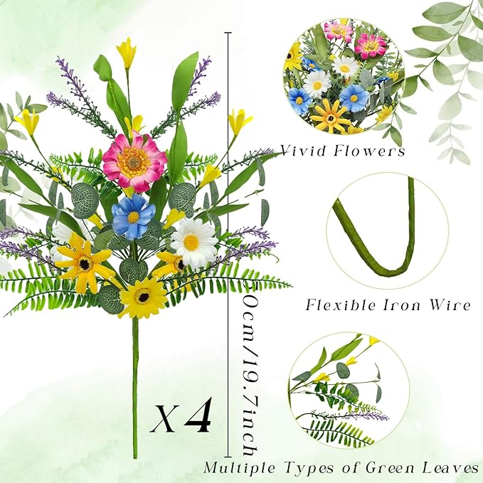 4 Bundles Artificial Daisy Flowers Bouquet Fake Wildflowers Silk Spring Floral Stems Arrangements for Home Indoor Living Room Kitchen Table Vase Wedding Party Decor