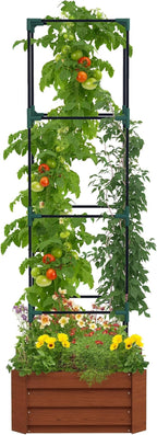 Outsunny Galvanized Raised Garden Bed, 73.5" Outdoor Planter Box with Trellis Tomato Cage and Open Bottom for Climbing Vines, Vegetables, Flowers in Backyard, Garden, Patio, Brown