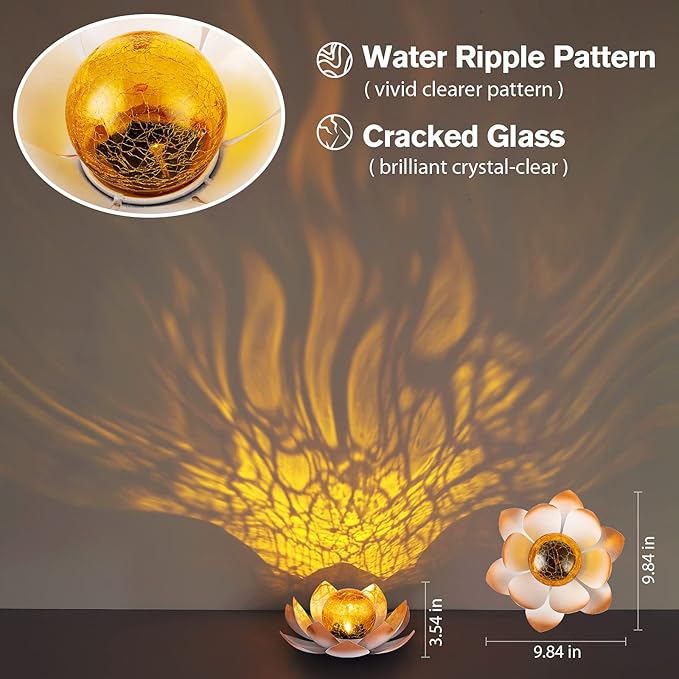 Huaxu Solar Lights Outdoor Garden Decorative Art Metal Lotus Cracked Glass Ball Waterproof Decorations for Pathway Lawn Patio Yard Ground Tabletop Gifts
