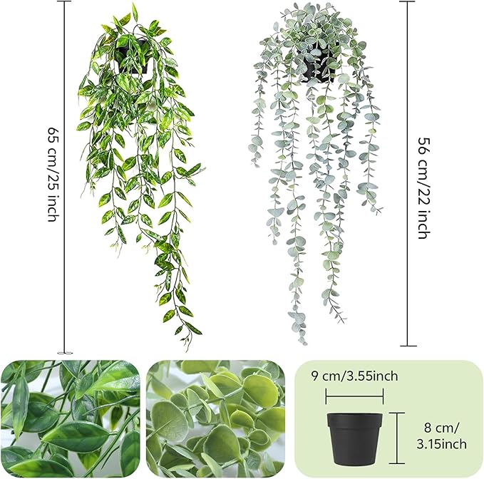 2 Packs Fake Potted Plants Artificial Hanging Plant with Black Pot Faux Hanging Potted Flowers Faux Pathos Vine Plant - Ideal for Shelf Decor Home Office Indoor Decoration (Eucalyptus + Dutch bean)