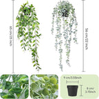 2 Packs Fake Potted Plants Artificial Hanging Plant with Black Pot Faux Hanging Potted Flowers Faux Pathos Vine Plant - Ideal for Shelf Decor Home Office Indoor Decoration (Eucalyptus + Dutch bean)