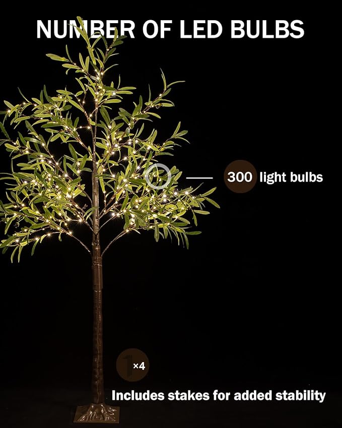 TYBEEU 6ft Lighted Olive Tree with 300 Warm White LED Lights, Dimmable, Ideal for Indoor & Outdoor Holiday Decor, Home, Garden, Wedding & Party