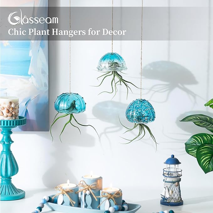 Glasseam Hanging Air Plant Holder: 3Pcs Glass Jellyfish Air Plant Hanger with Jute Ropes for Tillandsia Succulent Houseplants - Cute Airplant Display Container for Indoor Home Decor