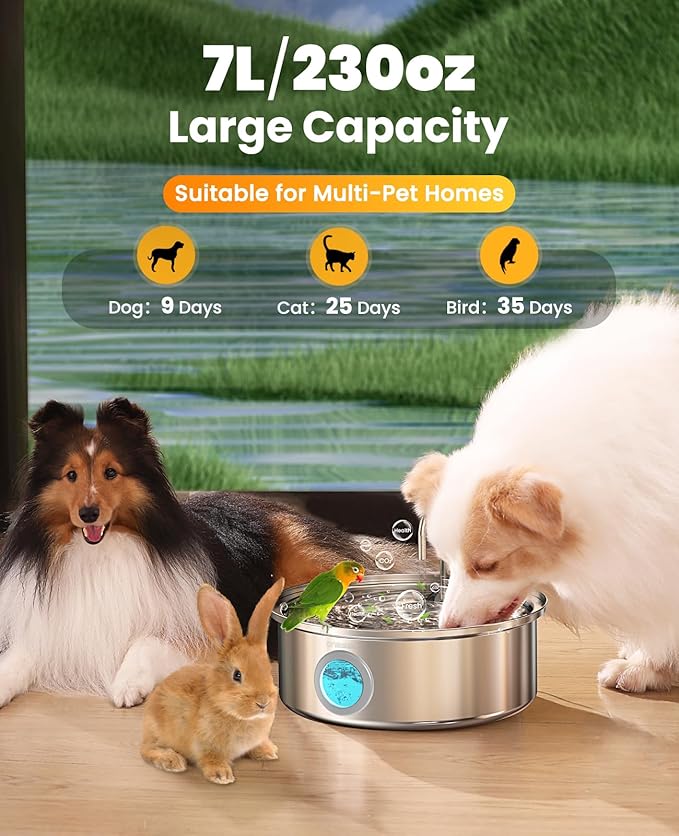 Oneisall Dog Water Fountain PWF002 | 7L/230oz Contain 5 Set Filters,25dB Quiet,Stainless Steel,Visual Water,5-Layer Filtration
