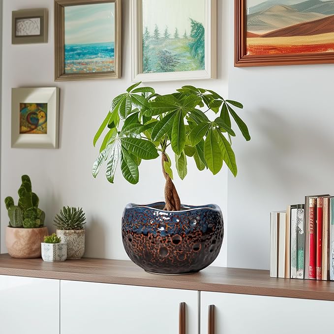 Ceramic Planter - 8 Inch Plant Pots with Drainage Hole and Plug, Unique Flower Pots for Indoor Outdoor Plants, Round Decorative Pots for Plants, Home Decor, Graduation Gifts, Brown-Blue