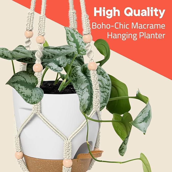 Macrame Plant Hangers for Indoor and Outdoor Use, Set of 3 Hanging Plant Pots Holders with Hooks, Ivory Cotton Rope, Tassel-Free, Fits 6" to 10" Pots, Rope Lengths 35", 26", 20", (No Pots Included)