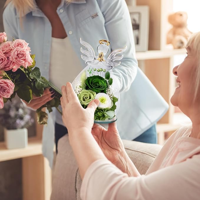 FIACO Gifts for Women Birthday Preserved Rose Forever Flower in Glass Angel Figurines Fresh Flowers for Delivery Prime for Mom Real Green Roses for Grandma Sister Wife Her from Daughter