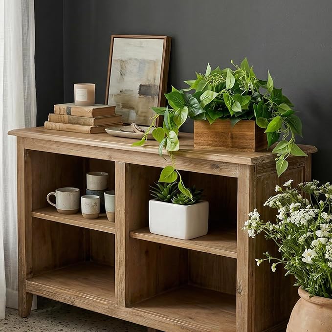 MyGift Vibrant Lifelike Artificial Plant Pothos Leafy Vine Greenery in Natural Solid Acacia Wood Rectangular Planter Box