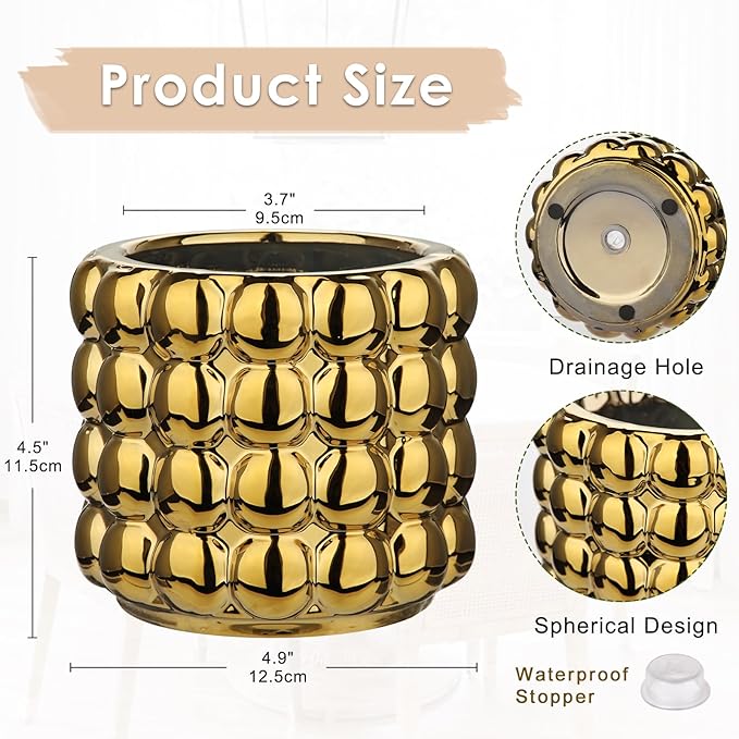 5 Inch Ceramic Planter Pot for Indoor Plants with Drainage Hole Bubble Flower Planter Hobnail Plant Pot Garden Planter Gold Succulent Plant Pot Utensil Holder