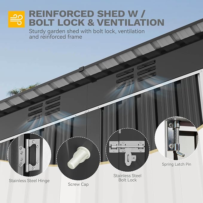 DWVO 8.5x3.5ft Large Outdoor Storage Shed, Metal Tool Sheds, Heavy Duty Tool Storage with Lockable Doors & Air Vent for Backyard Patio Lawn to Store Bikes, Tools, Lawnmowers, Dark Gray