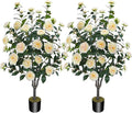 3.6FT Artificial Camellia Fake Tree, Artificial Plants & Flowers with 32 Yellow Pink Flowers for Door Front Decoration Porch Patio Living Room Office Indoor Outdoor Decor (2PCS Contains Faux Moss)